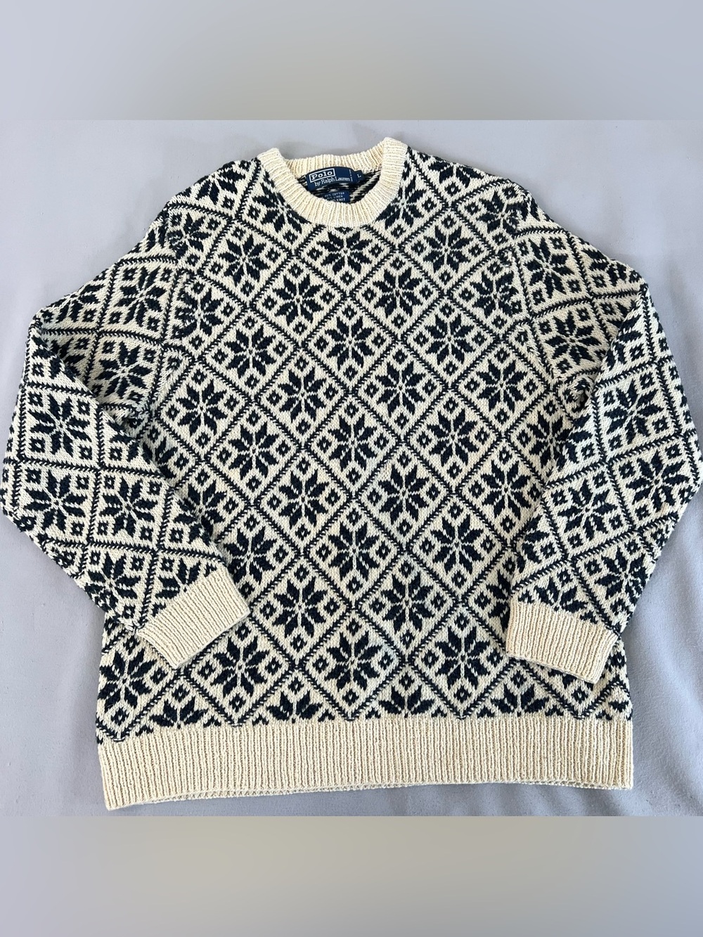 VYG Polo Ralph Lauren Mens L Allover Snowflake Hand Knit Thick Crewneck Sweater